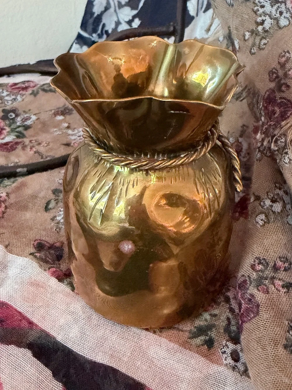 Vintage Money Bag Brass Vase Made in Spain Hammered Rope Trim Boho Decor